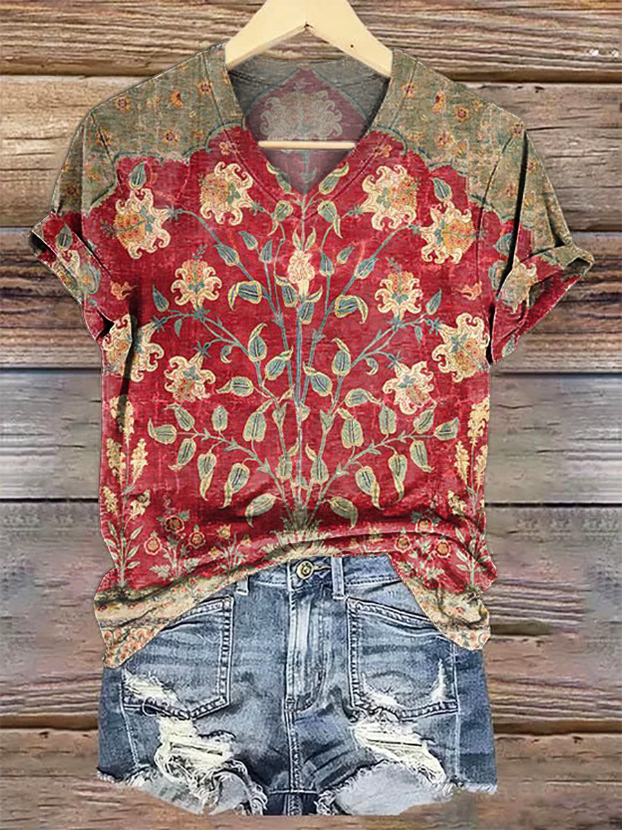 Women's Ethnic T-shirt with Art Print V-Neck