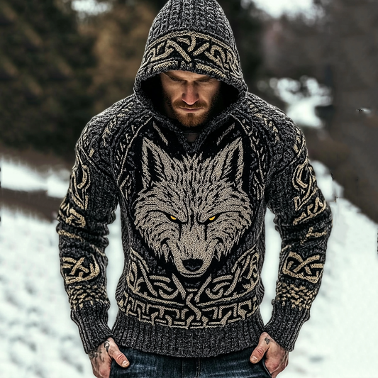 Men's Viking Pattern And Wolf Art Knit Hooded Sweater artswardrobe