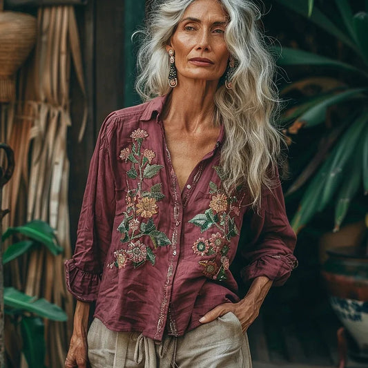 Bohemian Style Linen Floral Art Print  Long Sleeve Shirt artswardrobe