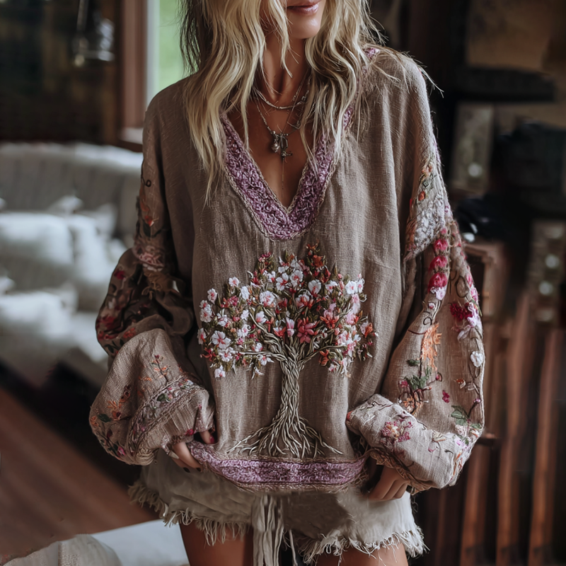 Comstylish Women's Vintage Tribal Tree Of Life Floral Art Casual Shirt