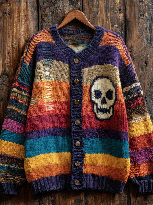 Halloween Skull Embroidered Colorful Striped Cozy Cardigan elevenforest