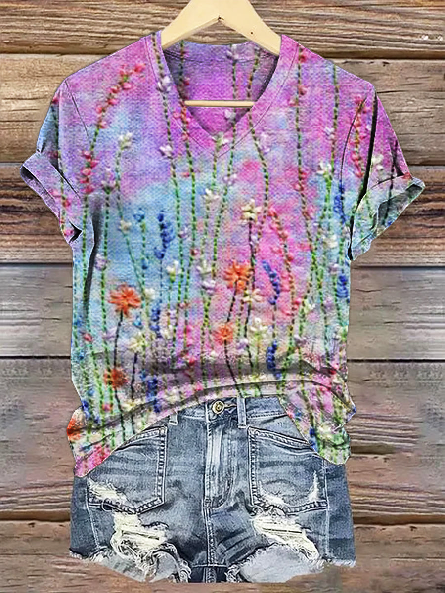 Women's Vintage Floral Art Print V-neck Casual T-Shirt