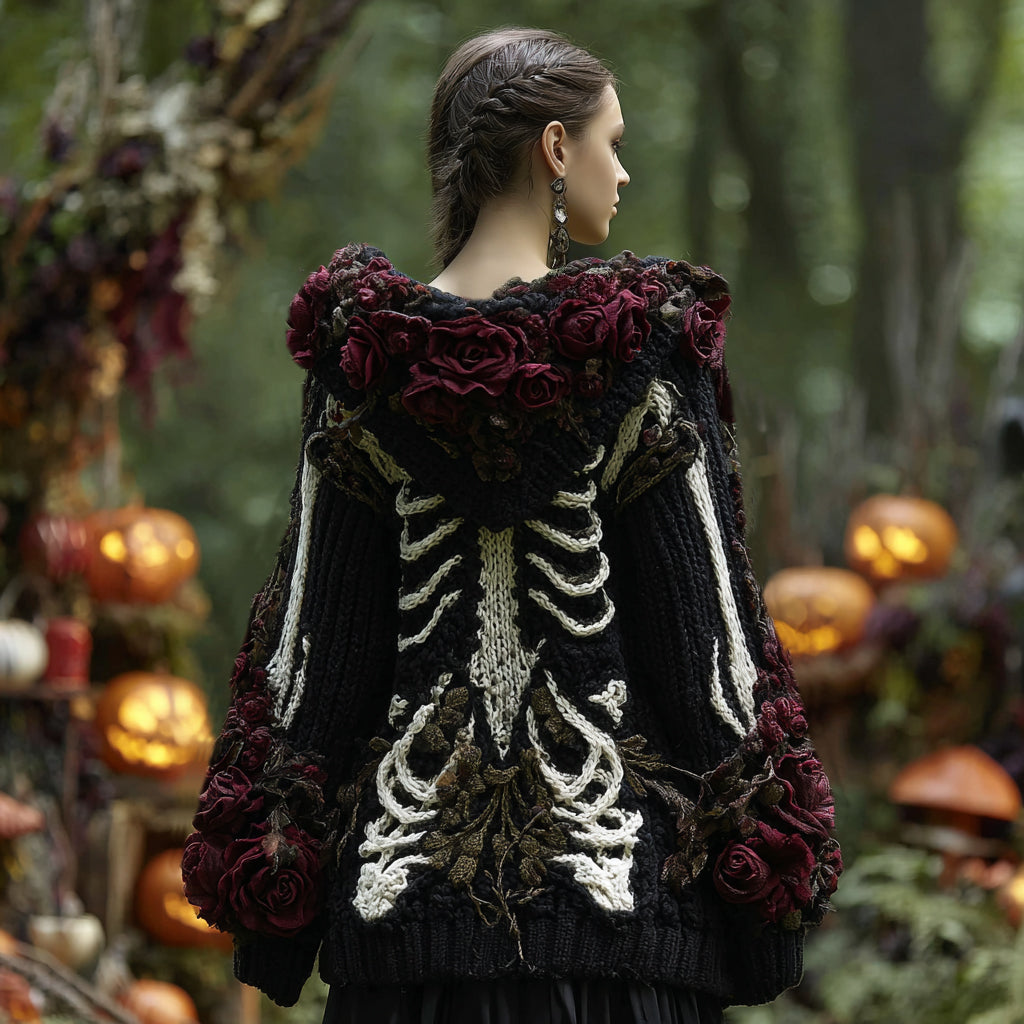 Women's Vintage Rose And Skull Pattern Knit Hooded Sweater artswardrobe