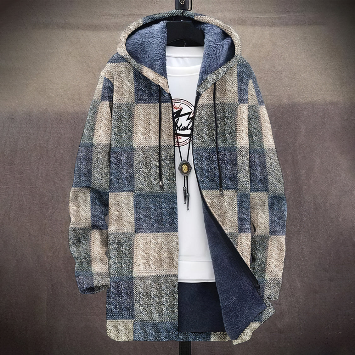 Men's Vintage Patchwork Knitted Pattern Comfortable Plush Hooded Coat elevenforest