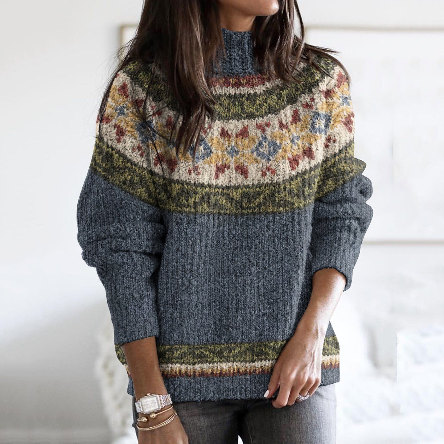 Vintage Contrast Iceland Jacquard Cozy High Collar Sweater elevenforest