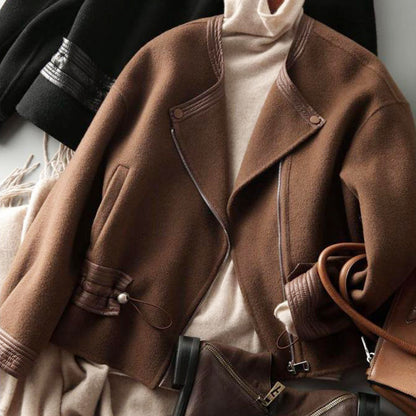 Design sense drawstring waist elegant woolen coat