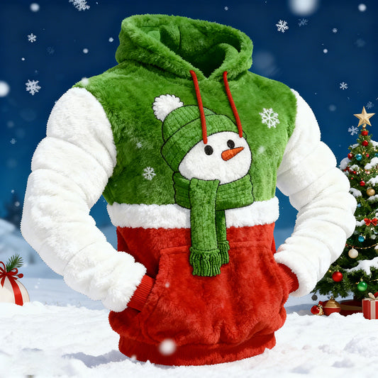 Comstylish Men's Fun Christmas Snowman Color Block Plush Hoodie