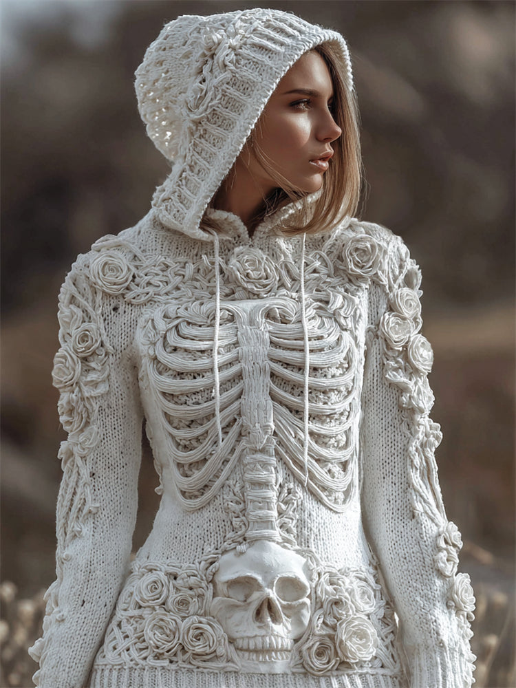 Vintage White Roses Skull Skeleton Hooded Cozy Knit Sweater artswardrobe