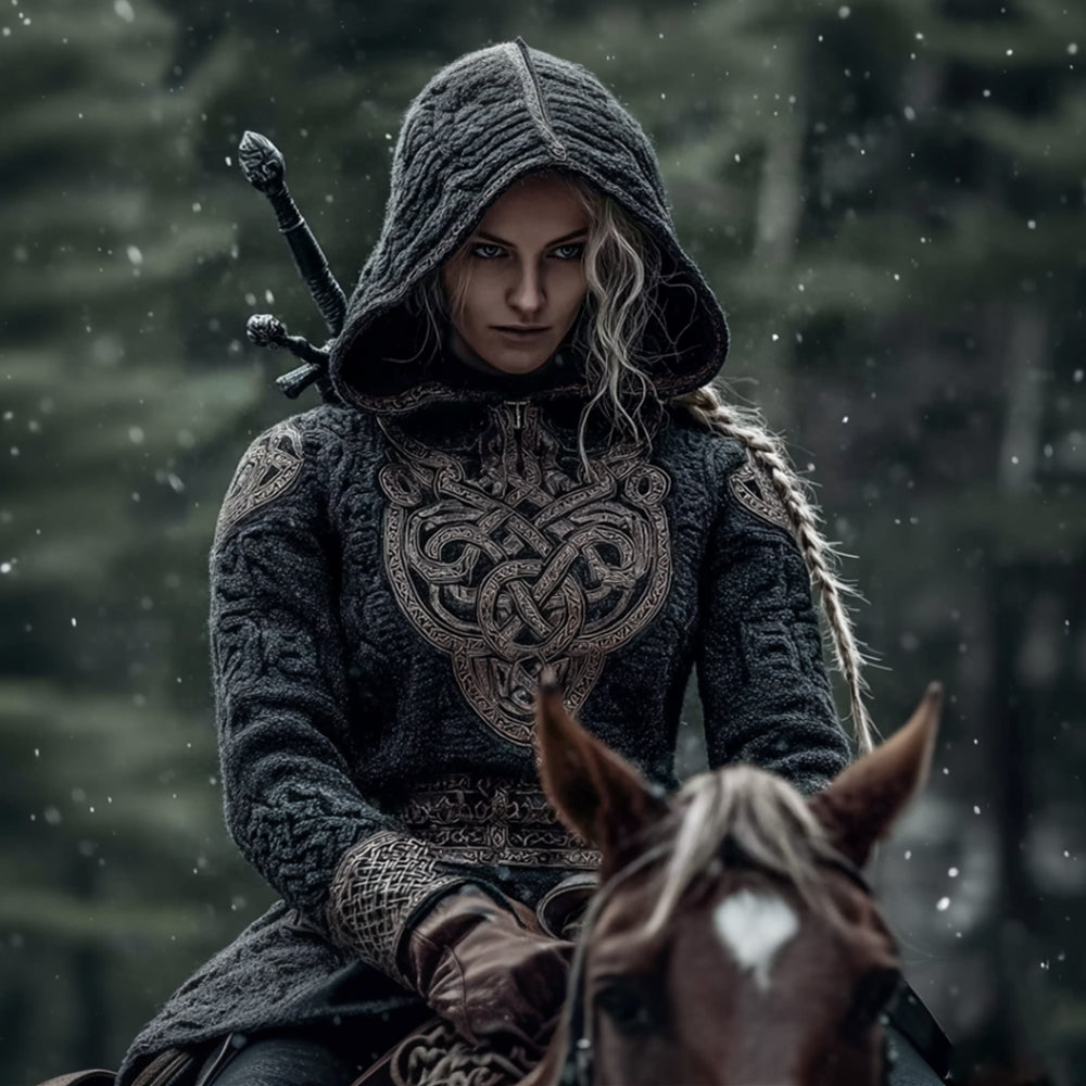 Viking Style Celtic Knot Thick Needle Design Hooded Sweater artswardrobe