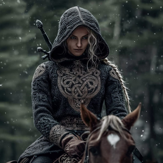 Viking Style Celtic Knot Thick Needle Design Hooded Sweater artswardrobe