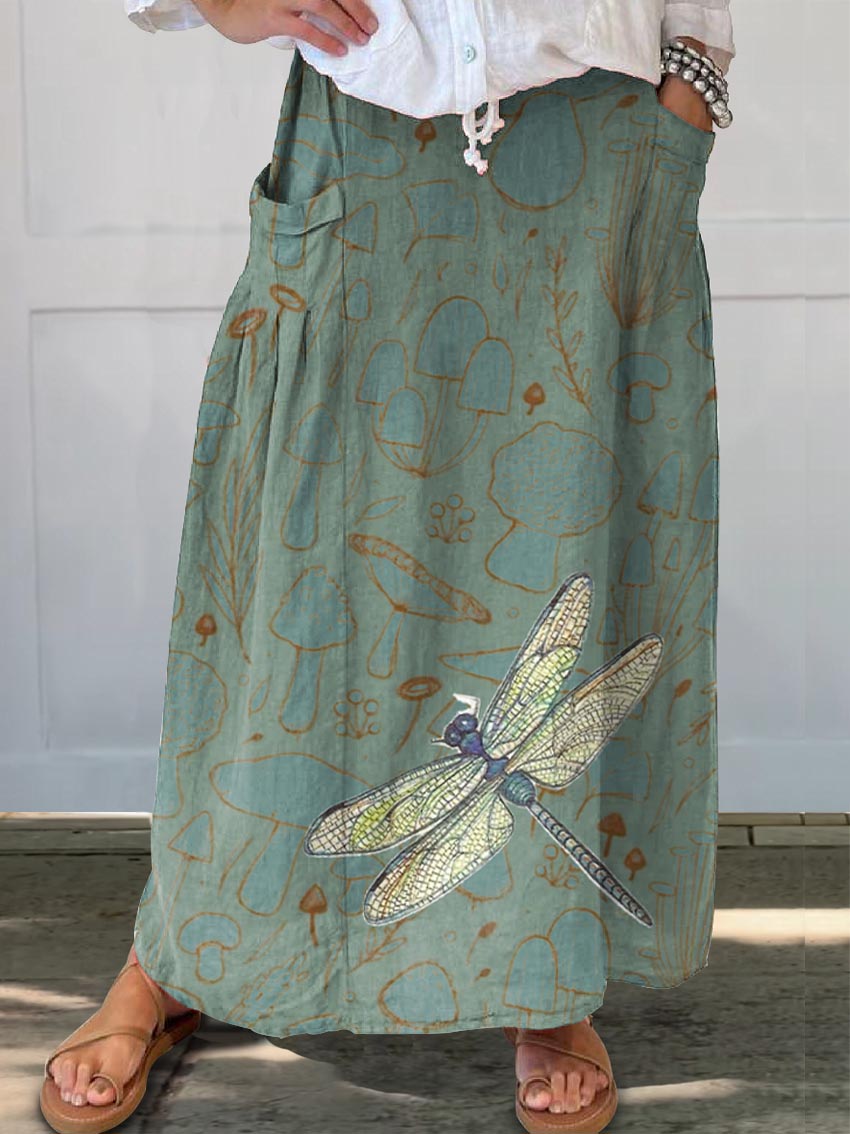Women's Retro Dragonfly Art Print Linen Pocket Skirt