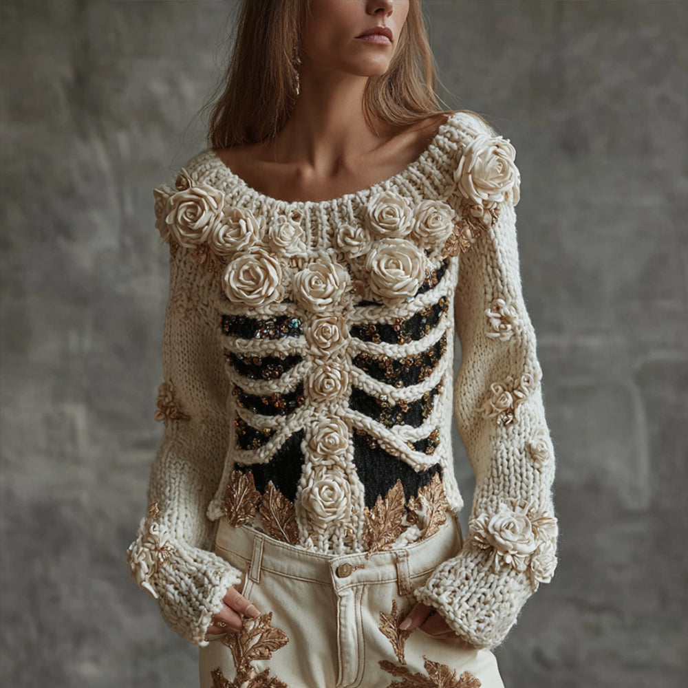 Women's Halloween Skeleton Rose Glitter Sweater artswardrobe