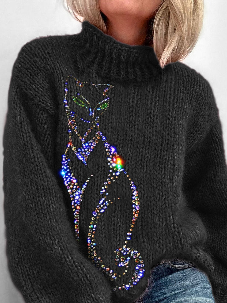Comstylish Classy Glitter Cat Rhinestone Cozy Turtleneck Sweater