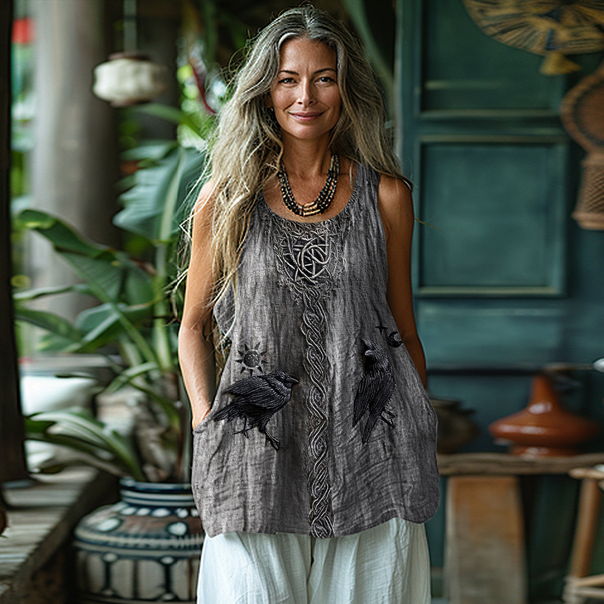 Women's Tribal Raven Celtic Mythology Graphics Cotton And Linen Tank Top artswardrobe