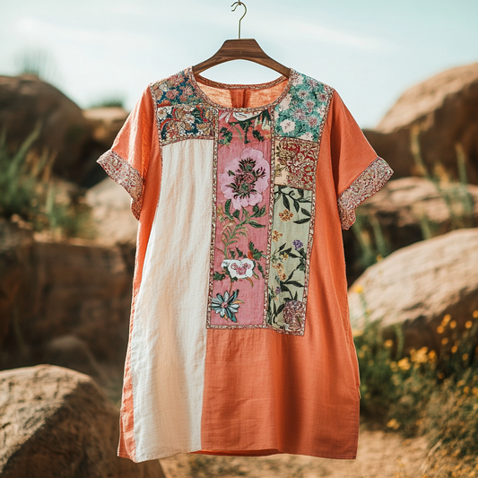 Women's Vintage Tribal Floral Art Cotton And Linen Shirt artswardrobe