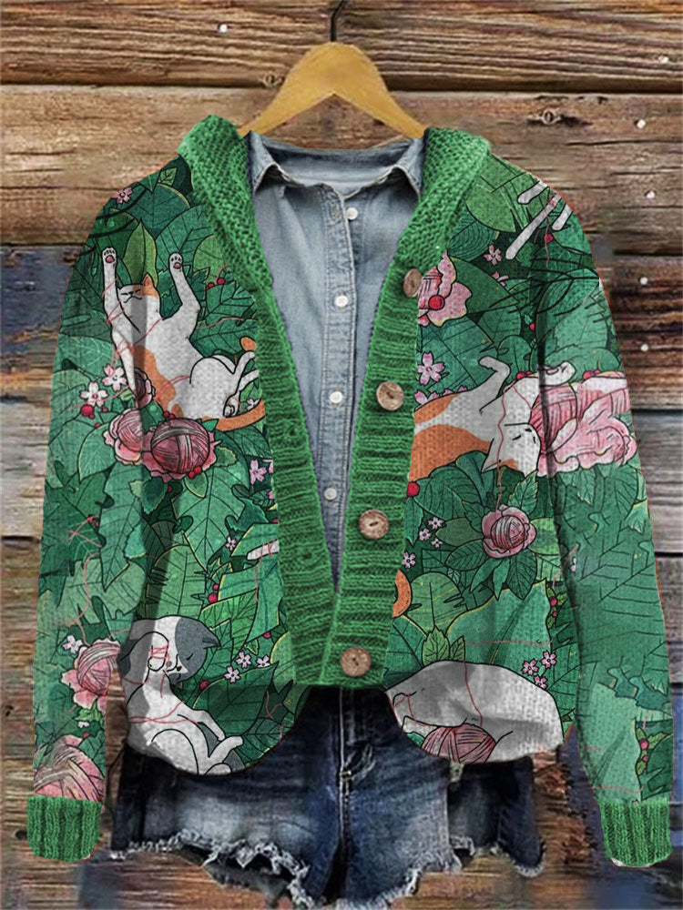Colorful Cute Cats Embroidered Hooded Cardigan artswardrobe