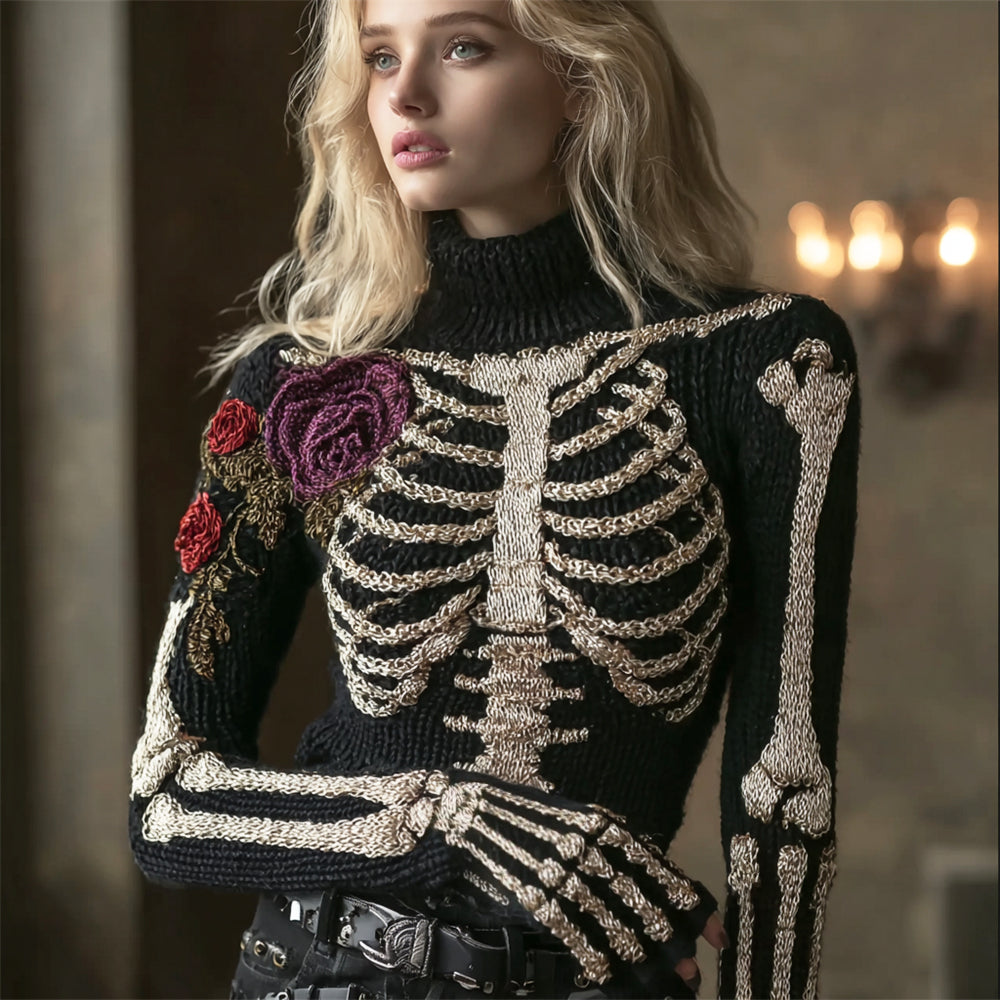 Elegant Skeleton & Floral Women's Turtleneck Knit Sweater artswardrobe