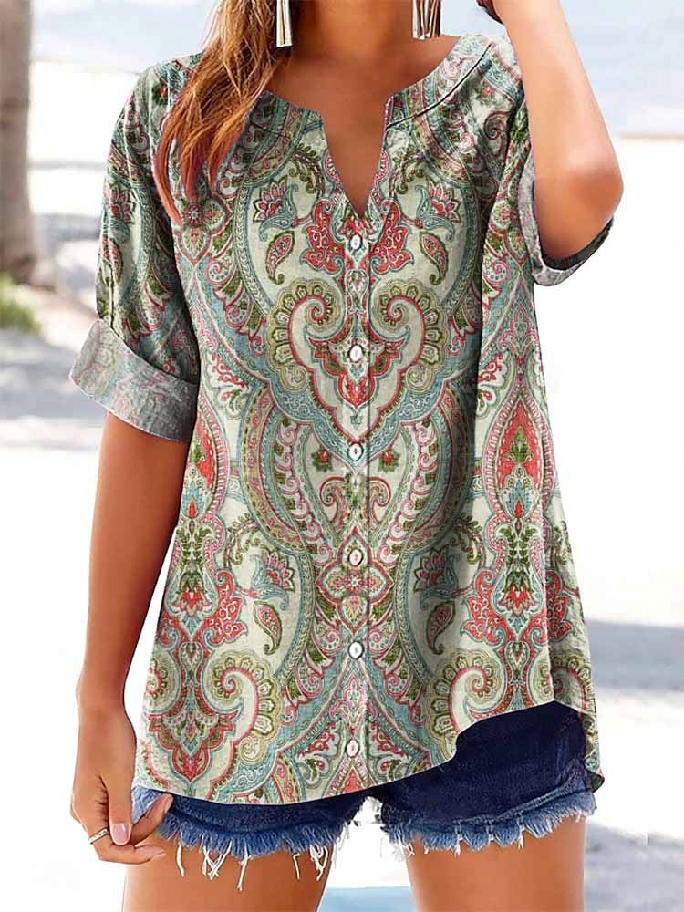 Women's Ethnic Totem Art Print Short Sleeve V-Neck Cotton and Linen Sh