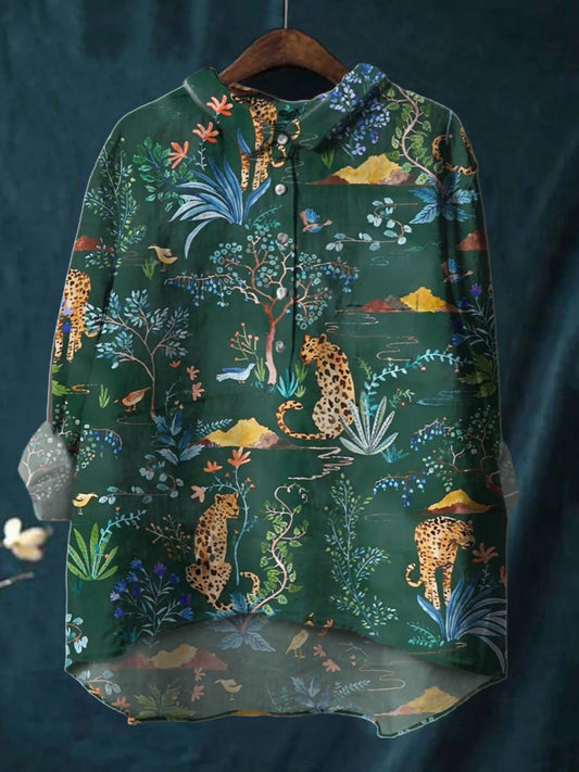 Watercolor Plants And Animals Print Cotton And Linen Shirt