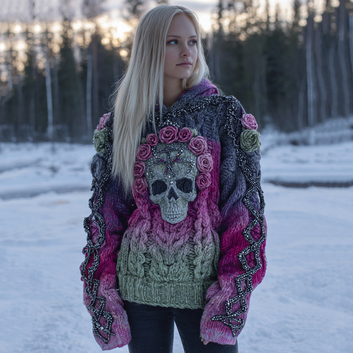 Women's Vintage Skull Flower Gradient Art Cozy Knitted Hooded Sweater artswardrobe