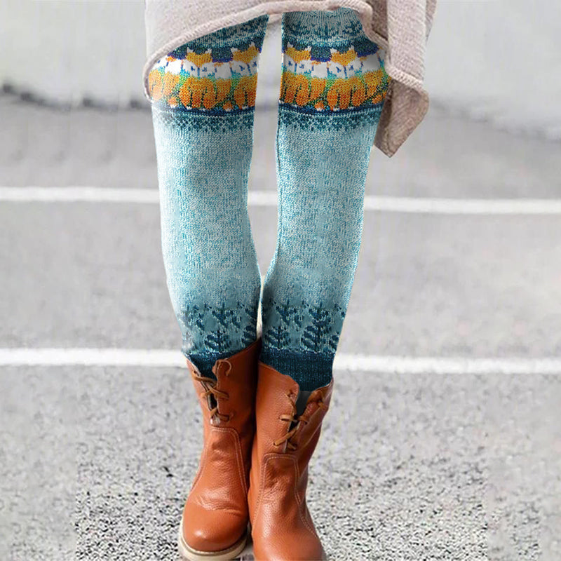Vintage Fox Jacquard Contrast Knitted Leggings artswardrobe