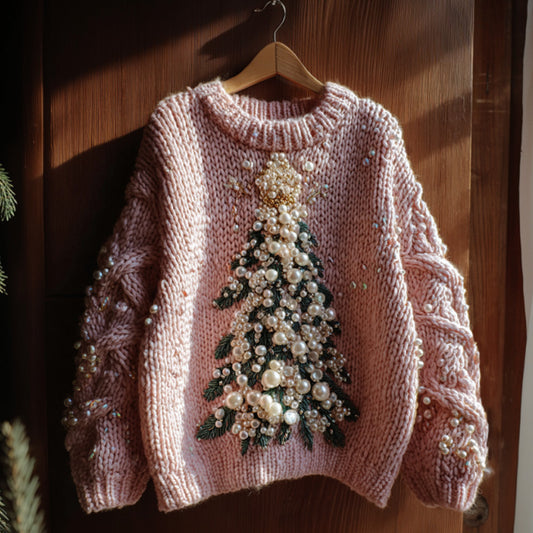 Christmas Tree Embroidered Pearl Crew Neck Sweater artswardrobe