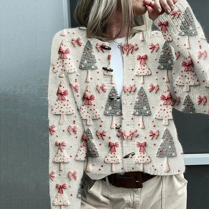 Vintage Christmas Tree Print Button Up Sweater Cardigan artswardrobe