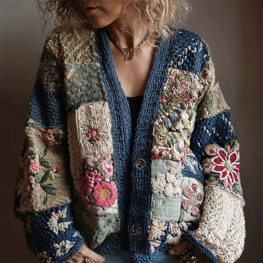 Japanese Floral Sashiko Art Embroidered Patchwork Cozy Knit Cardigan elevenforest