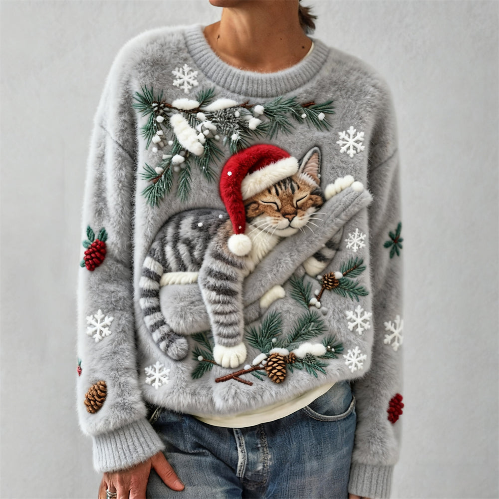 Comstylish Christmas Lazy Cat Women's Cozy Plush Sweater