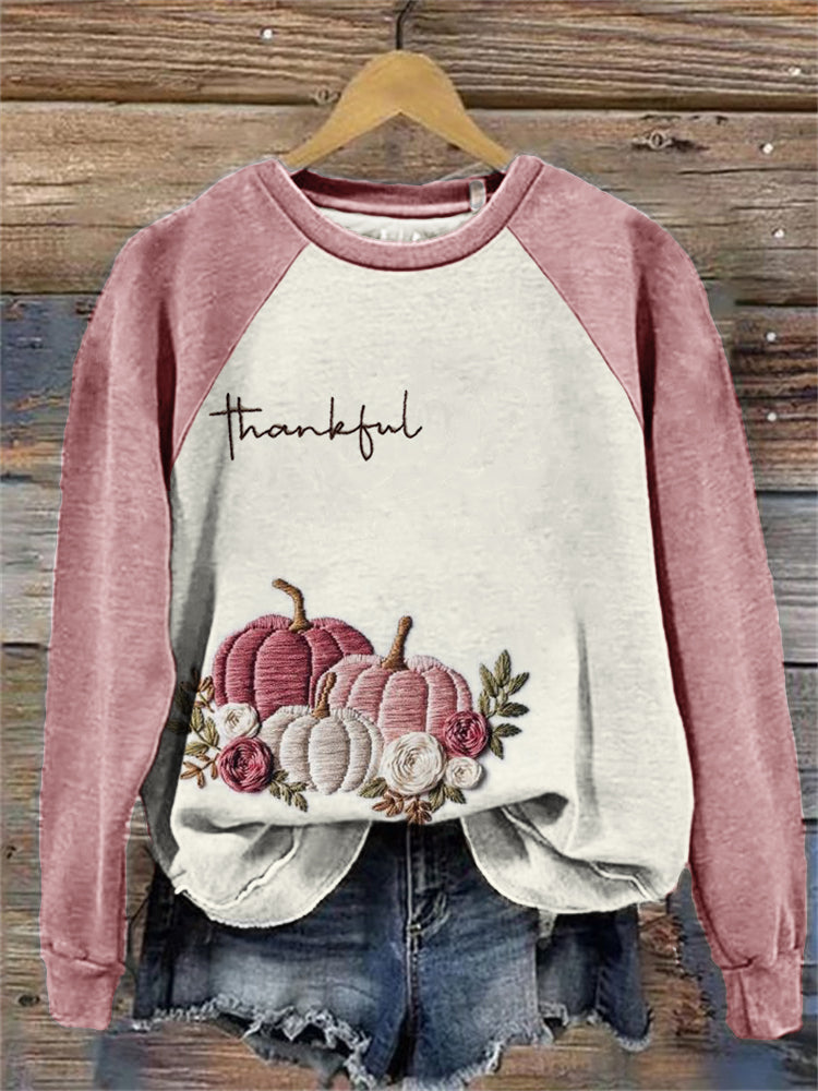 Thanksgiving Thankful Pink Pumpkins Floral Embroidered Raglan Sweatshirt artswardrobe
