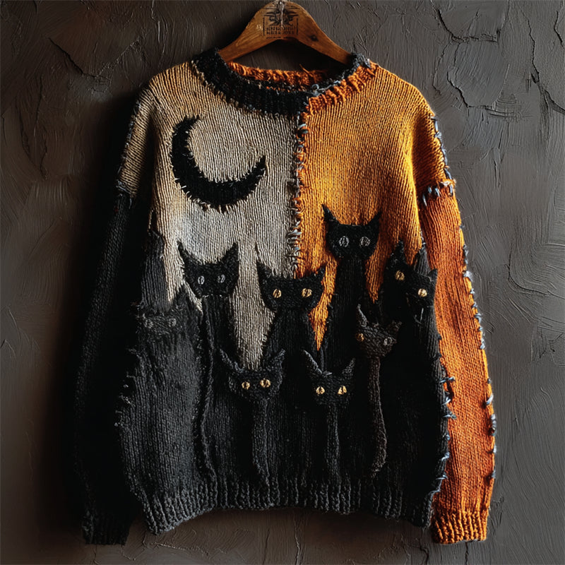 Halloween Night Black Cats Crochet Contrast Stitched Cozy Knit Sweater artswardrobe
