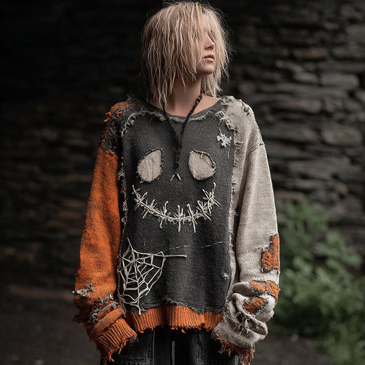 Halloween Spooky Face Patchwork Design Cozy Knit Sweater elevenforest