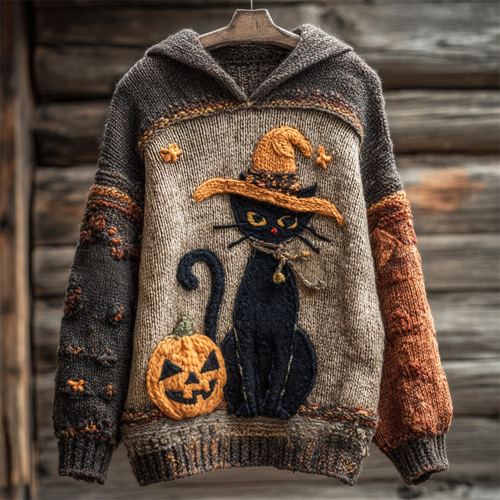 Halloween Black Cat With Witch Hat & Pumpkin Women's Knit Hooded Sweater artswardrobe