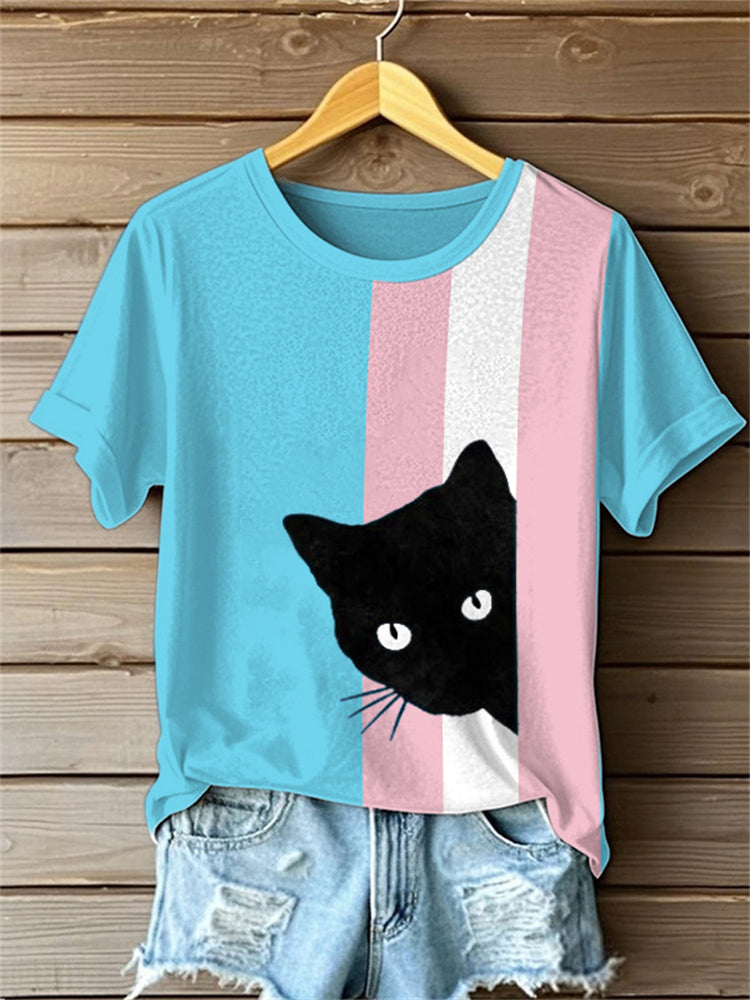 Comstylish Peeking Black Cat Trans Flag Colorblock T Shirt
