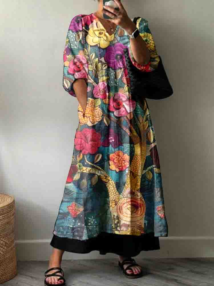 Women's Artistic Flower Color Block Pattern Cotton Dress