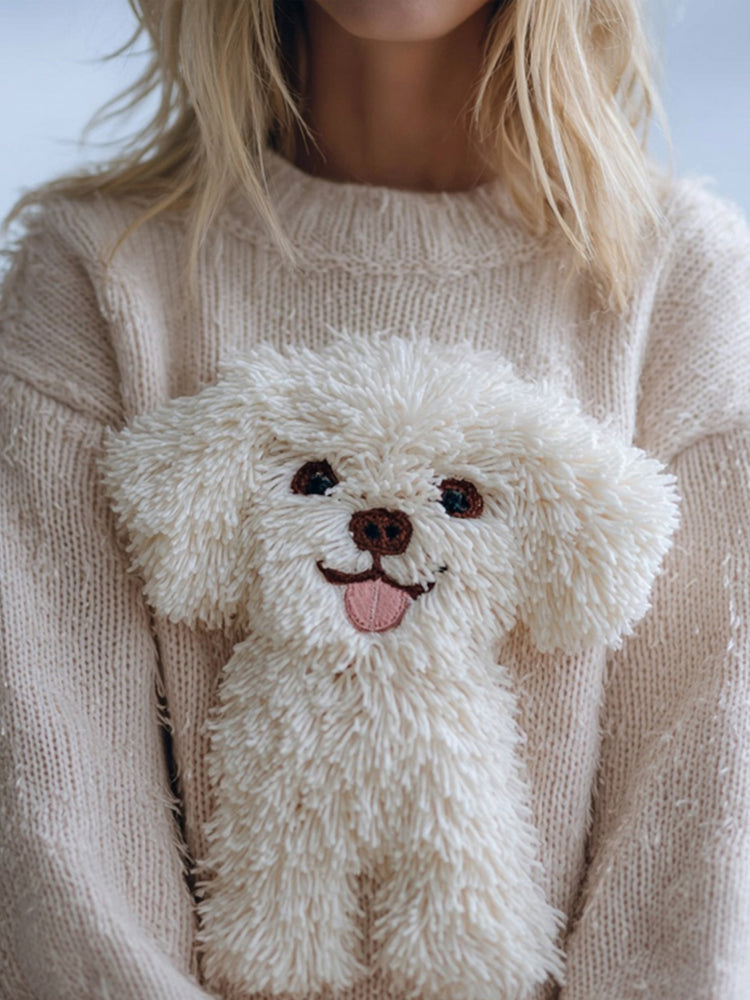 Comstylish Cute Fuzzy Dog Embroidered Cozy Knit Sweater