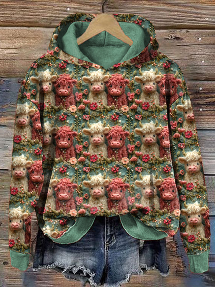 Highland Cow Floral Embroidery Pattern Cozy Hoodie artswardrobe