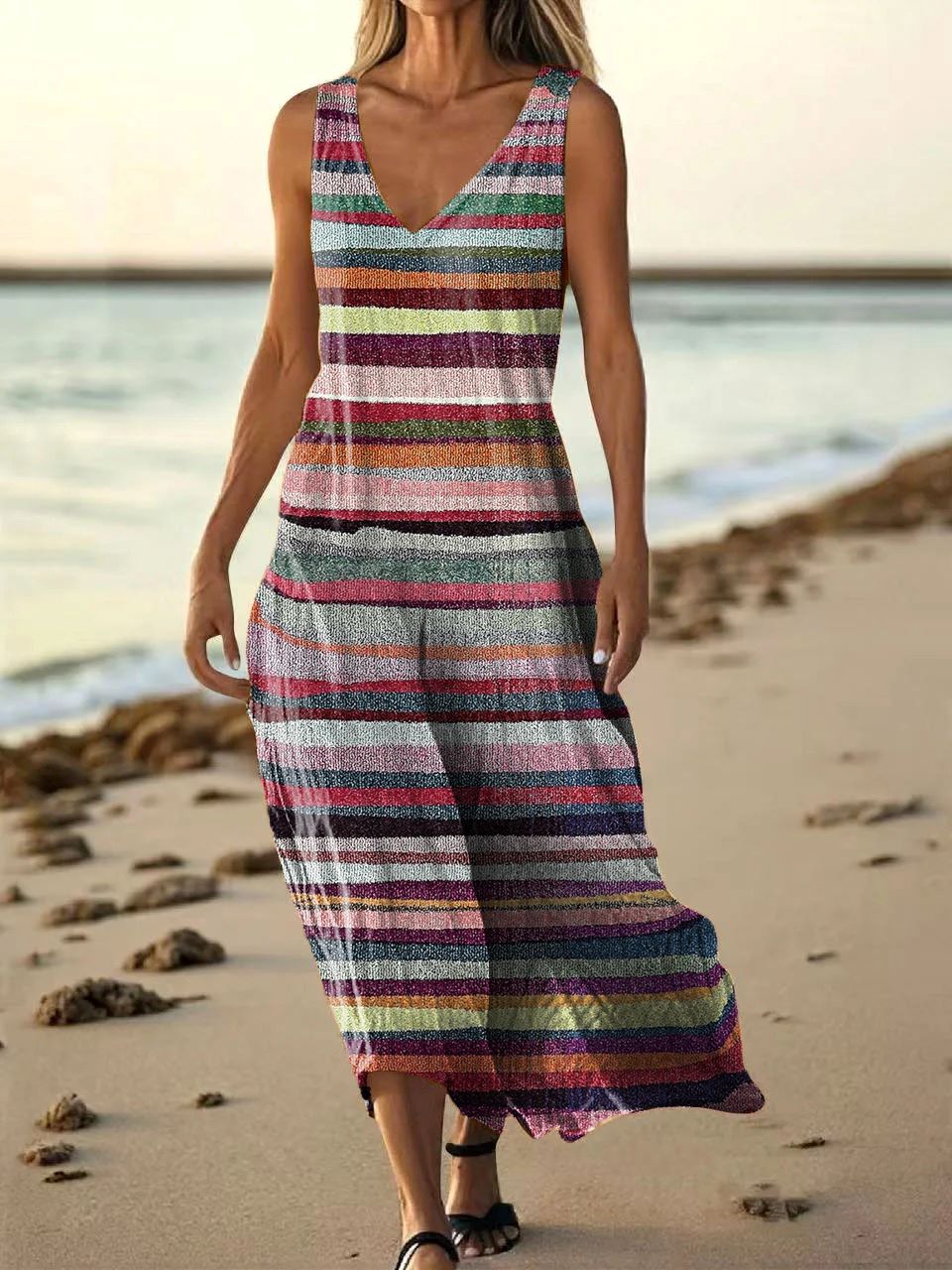 Women's Colorful Stripe Pattern Art Print Sleeveless Cotton Shirt