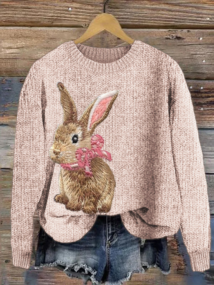 Bow Tie Rabbit Pattern Cozy Knit Sweater artswardrobe