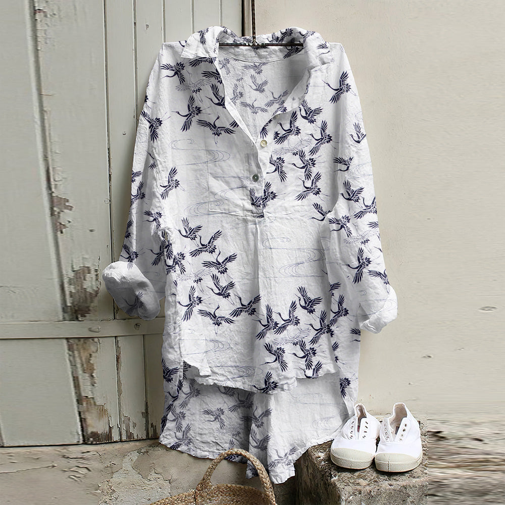 Comstylish Japanese Art Crane Print Long Sleeve Casual Shirt