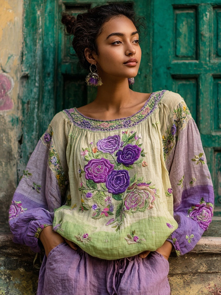 Ethnic Boho Floral Embroidery Women's Linen Loose Shirt artswardrobe