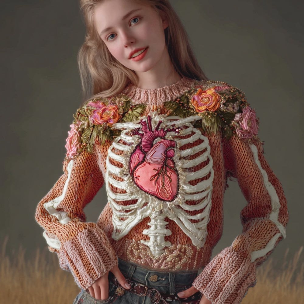Women's Halloween Anatomy Art Knitted Round Neck Sweater artswardrobe