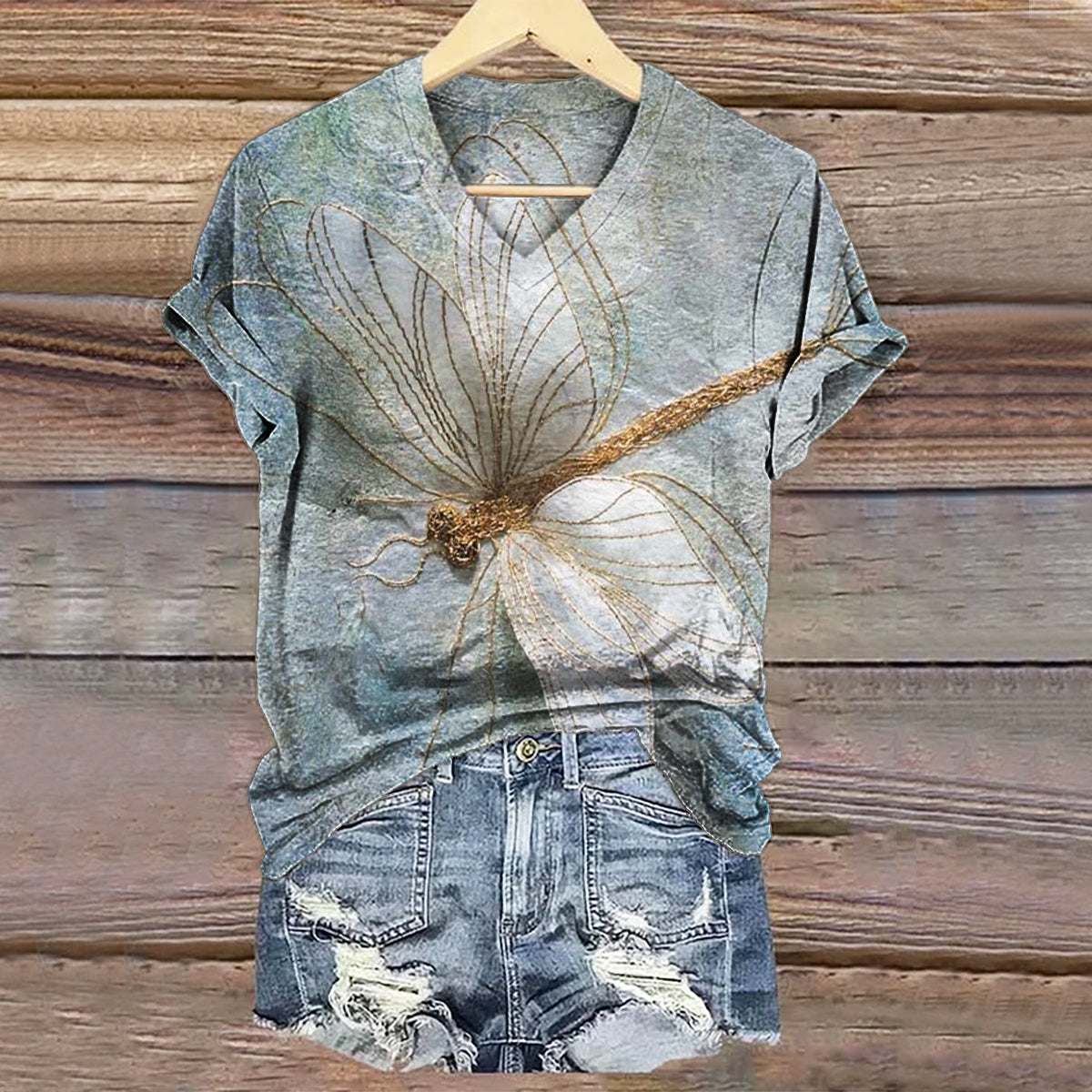 Women's Dragonfly Art Print V-neck Casual T-Shirt