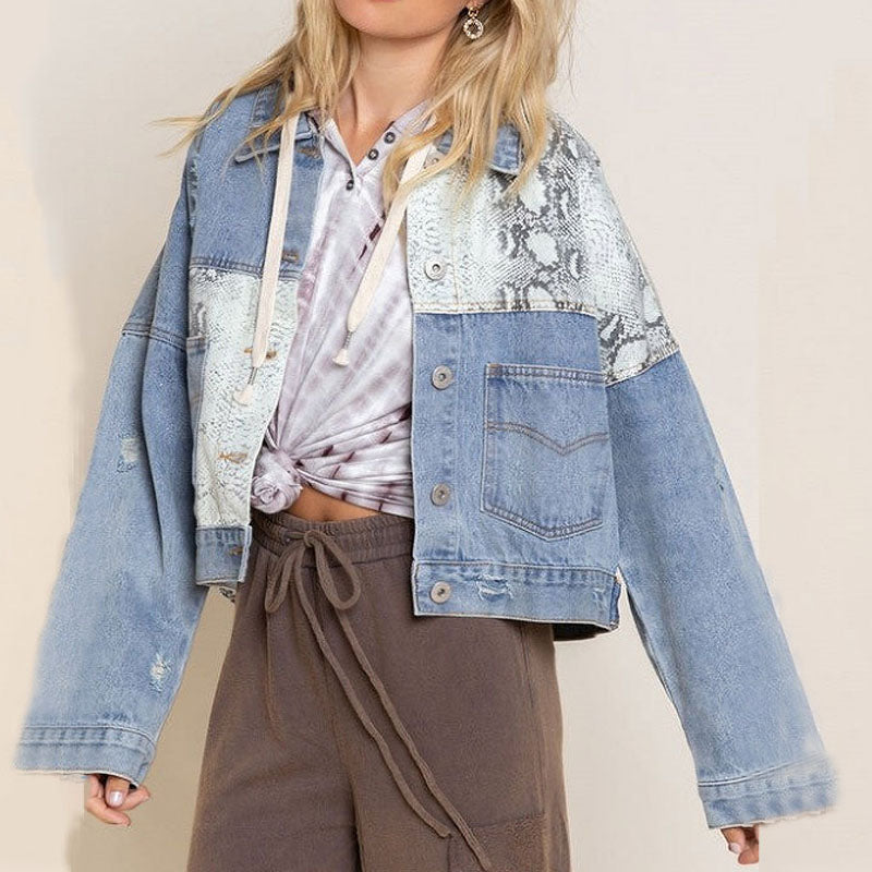 Denim Leopard  Patchwork Short Jacket