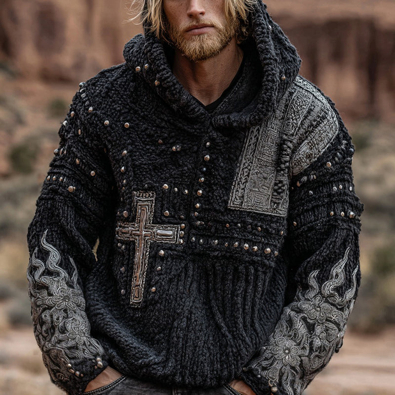 Men's Vintage Cross Colorblock Design Knit Hooded Sweater elevenforest