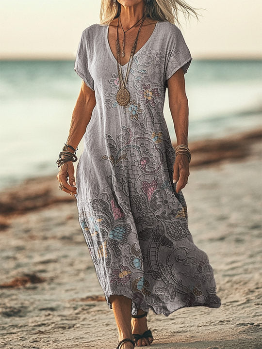 Women's Vintage Floral Art Print Pocket Cotton Dress