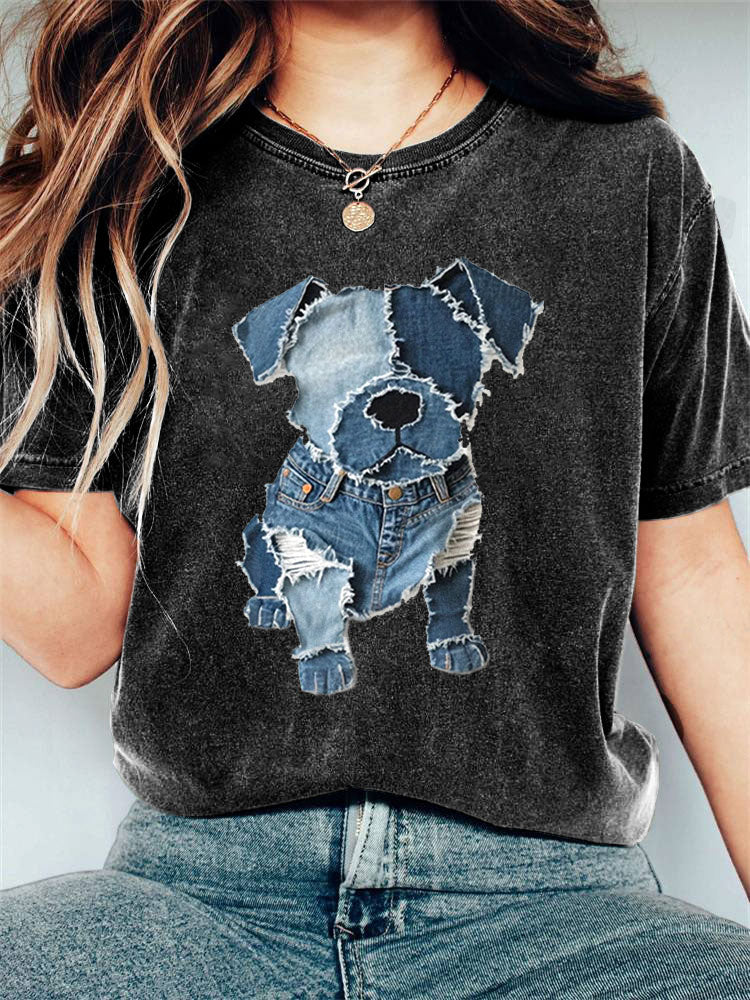 Women's Casual Funny Denim Dog Print T-shirt artswardrobe