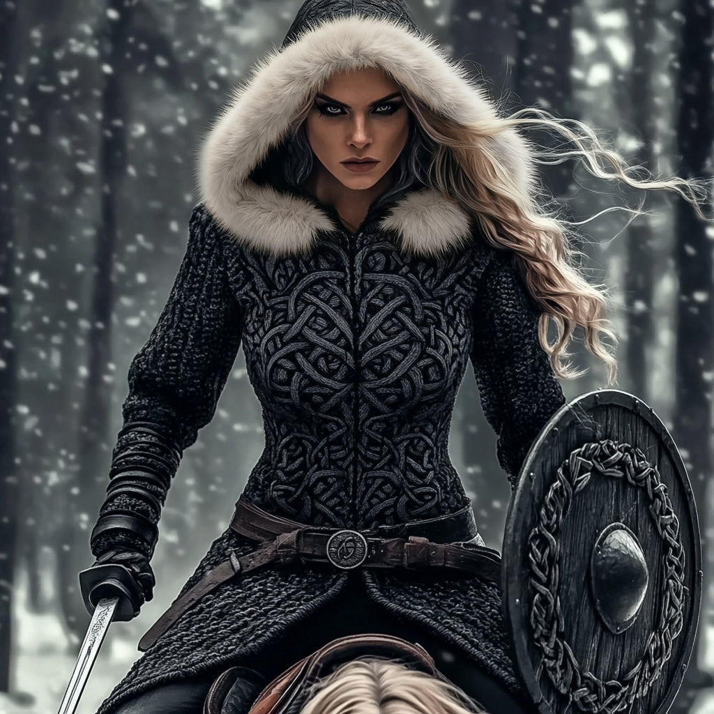 Comstylish Women's Viking Celtic Knitted Jacquard Long Zipper Fur Collar Sweater Cardigan