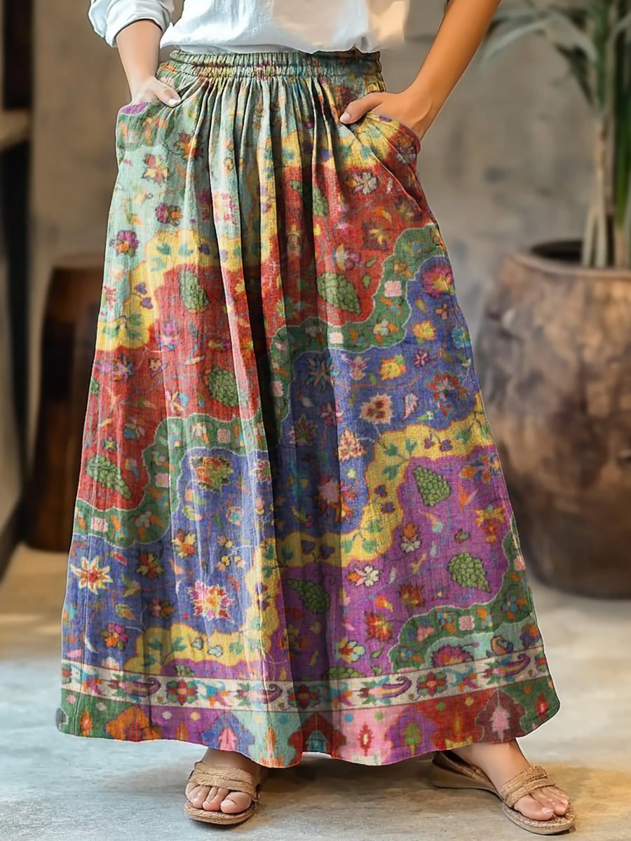 Women's Boho Floral Wave Collage Art Printed Cotton Pocket Skirt