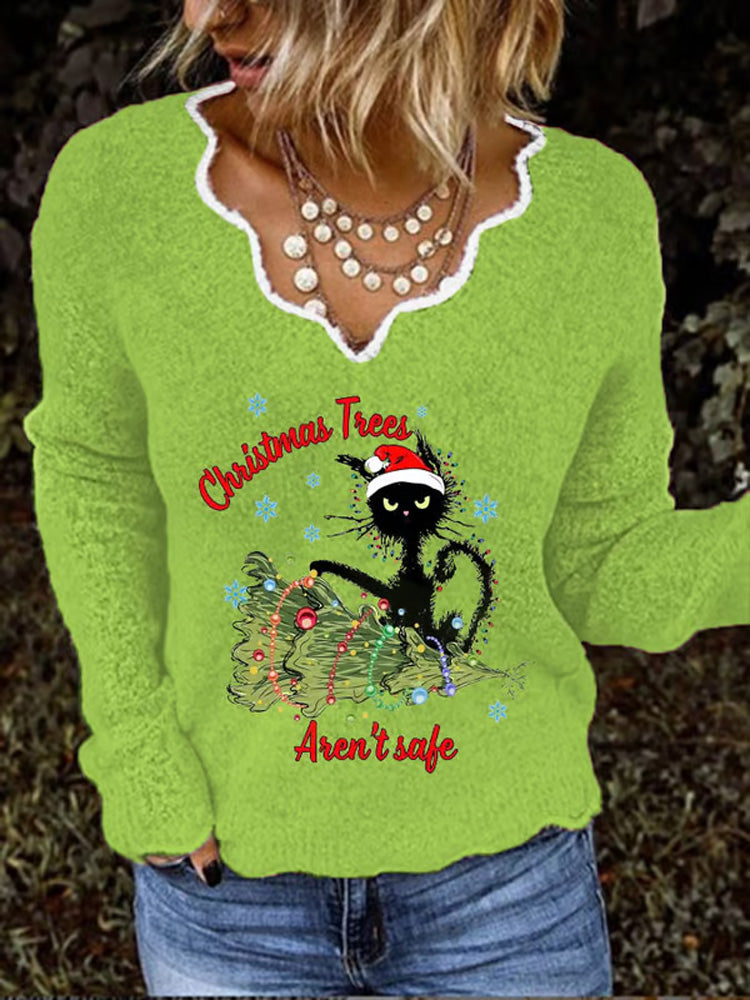 Women's Christmas Trees Aren T Safe Naughty Black Cat Print V-Neck Top elevenforest